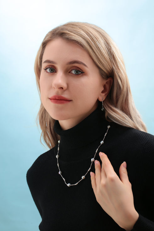 Silver Blue Seawater Tin Cup Beaded Pearl Necklace - House Of Pearls